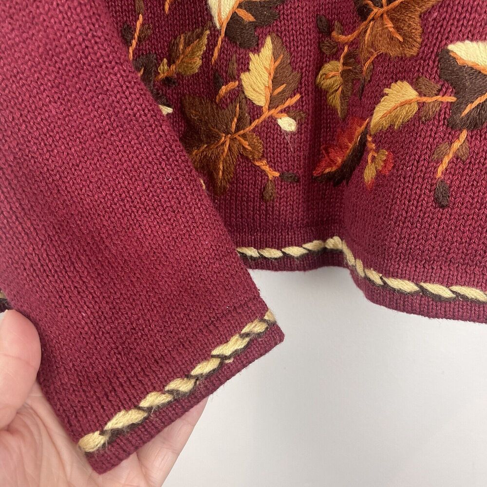 Embroidered Fall Leaf Crewneck Sweater - Burgundy - Picture 6 of 9